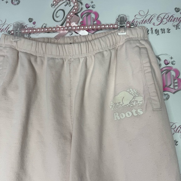Roots sweatpants joggers light pink with white logo pockets adjustable waist tie - Picture 6 of 7